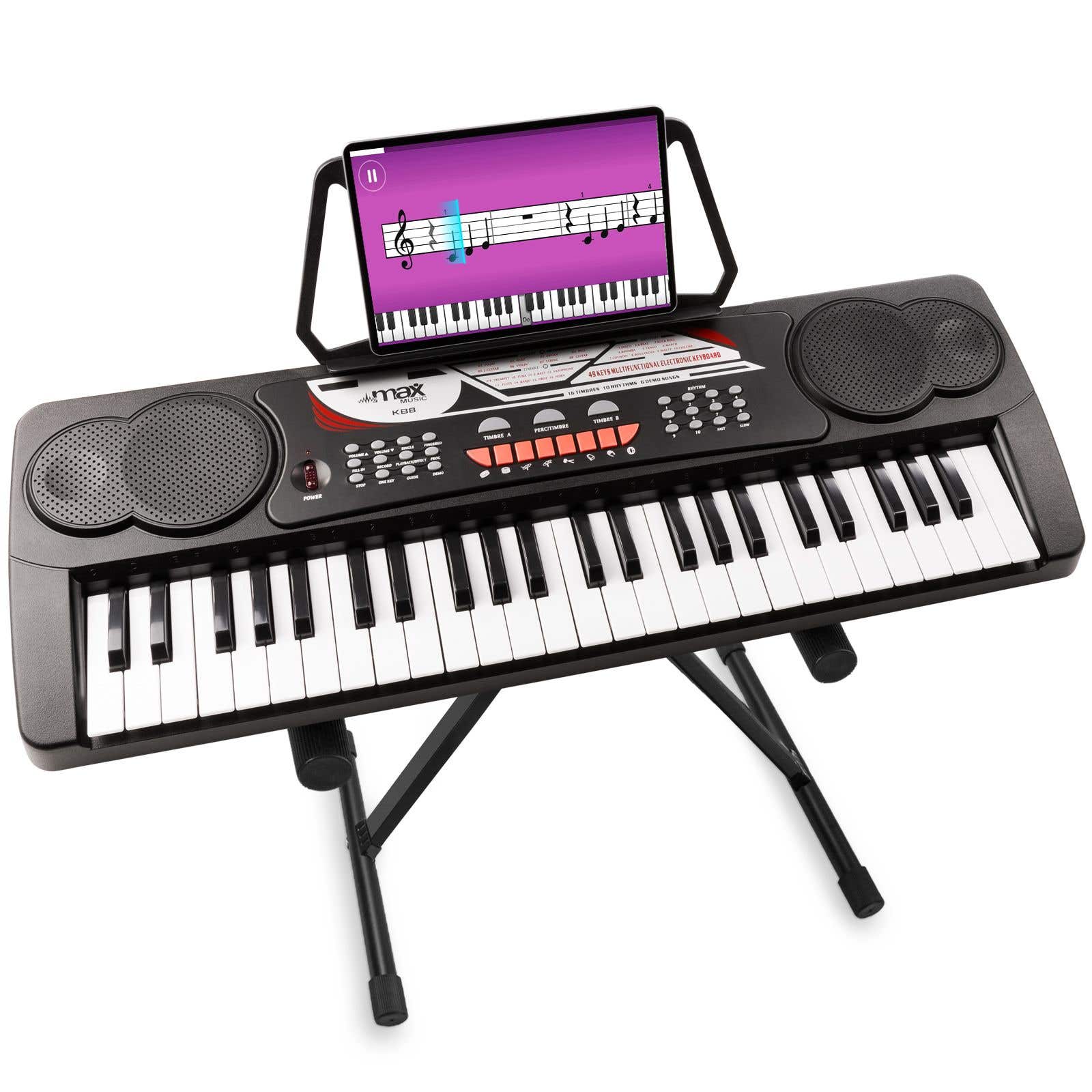 MAX KB8 Keyboard Klavier mit Keyboardständerr und 49 Tasten, Lautsprecher integriert, Tragbar, Aufnahmefunktion, 6 Demo-Songs - Schwarz