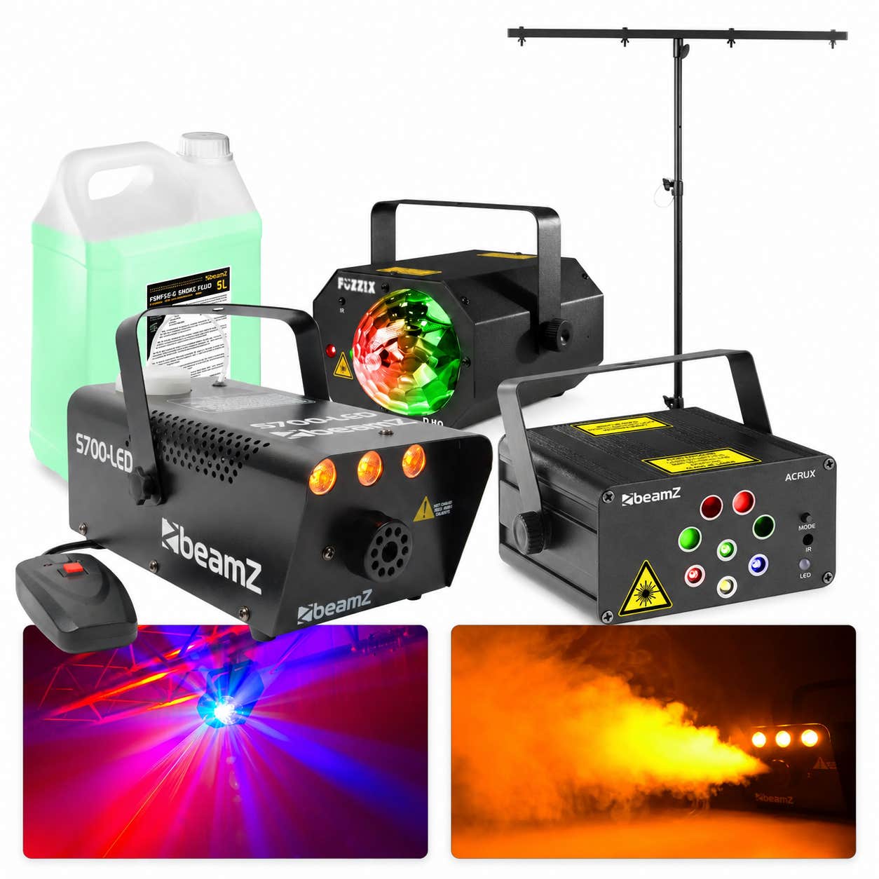 BeamZ Party Pack XXL Partybeleuchtung Set - Laser, LED Effekte, Nebelmaschine & Stativ