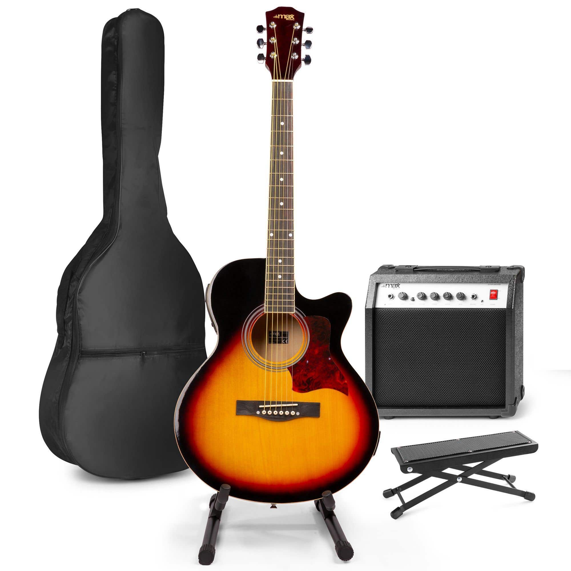 MAX ShowKit Akustik Gitarre elektrisch mit Ständer und Fußhocker - Sunburst Design