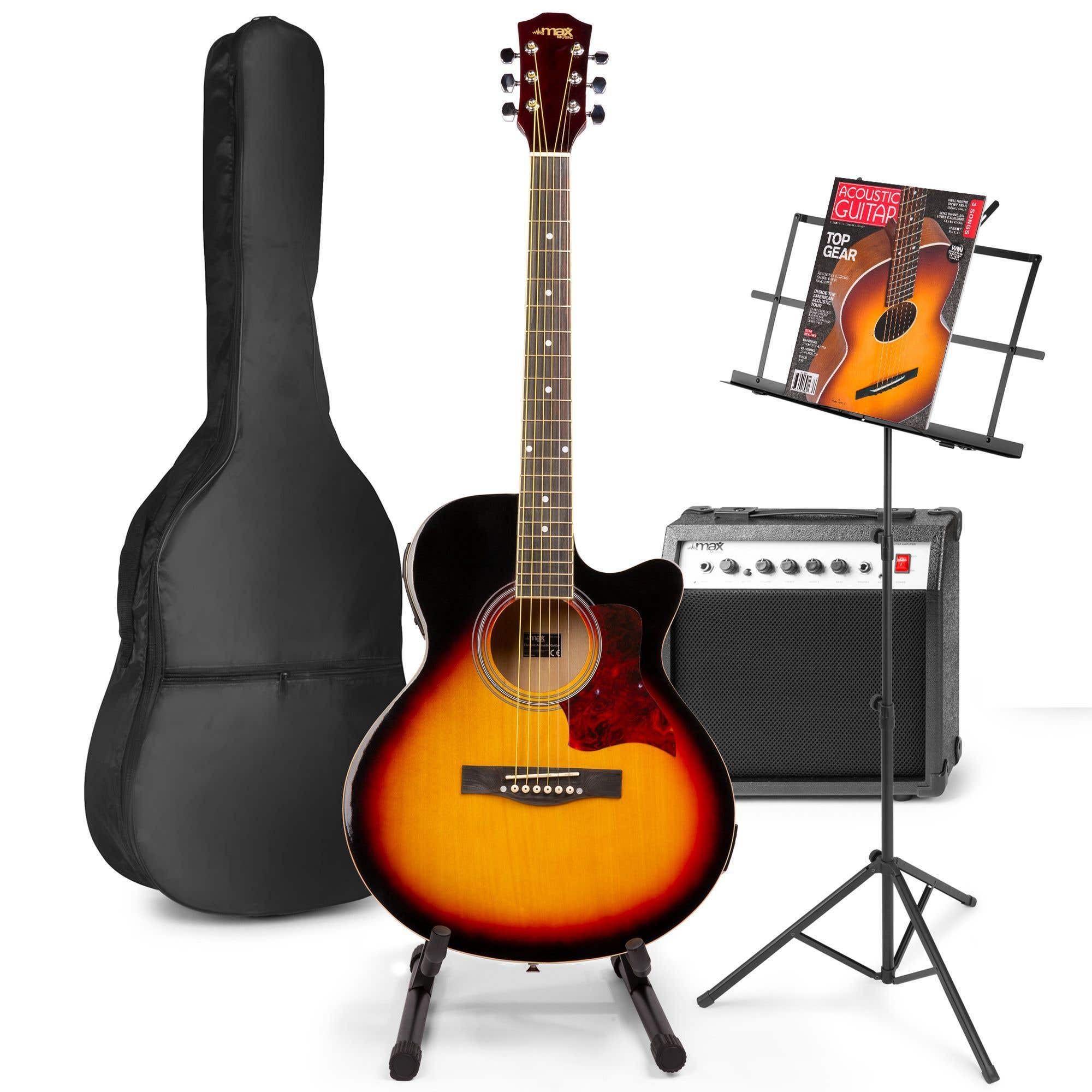 MAX ShowKit elektrische Akustikgitarre mit Gitarre und Notenständer - Sunburst