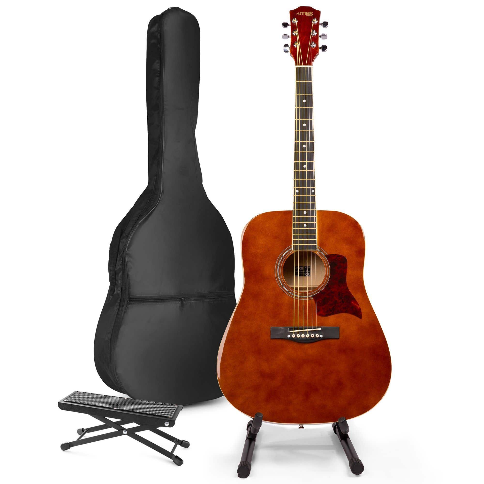 MAX SoloJam Western Akustikgitarre mit Gitarrenständer und Fußstütze - Braun (Holz)