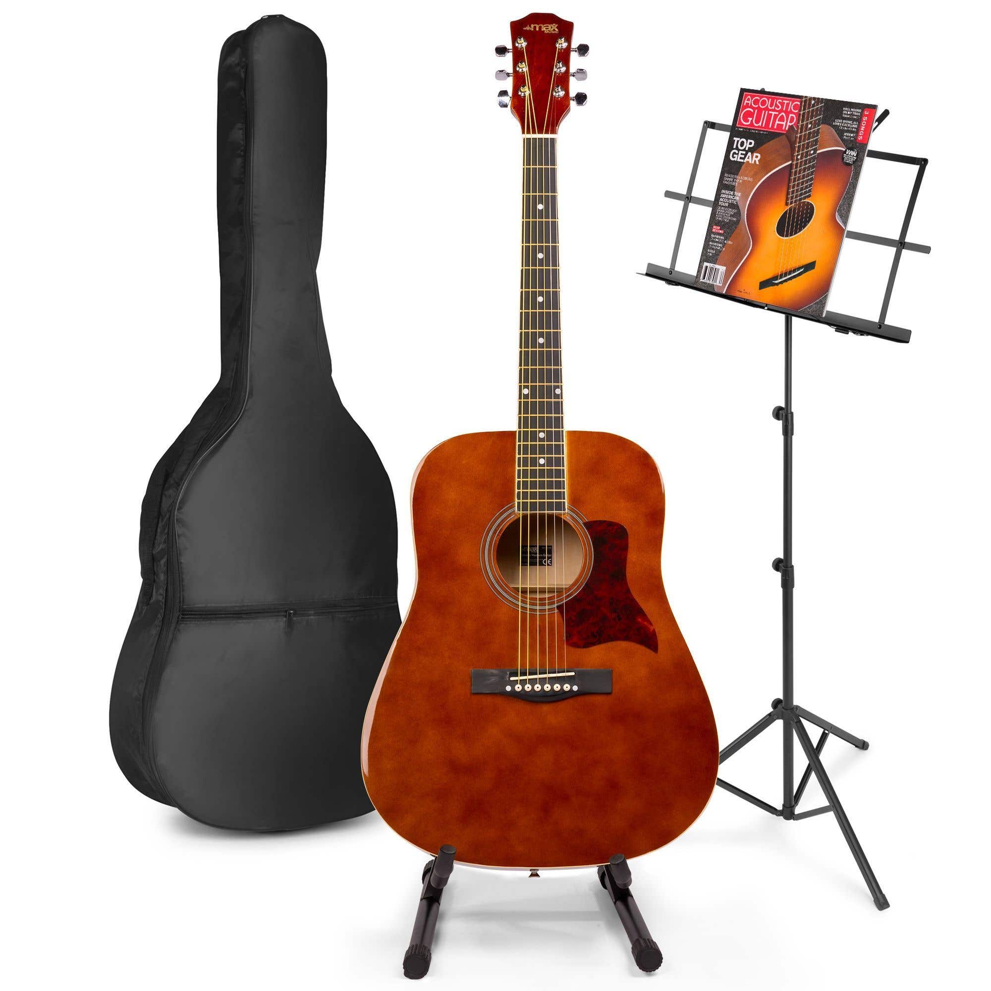 MAX SoloJam Western Akustikgitarre mit Noten und Gitarrenständer - Braun (Holz)