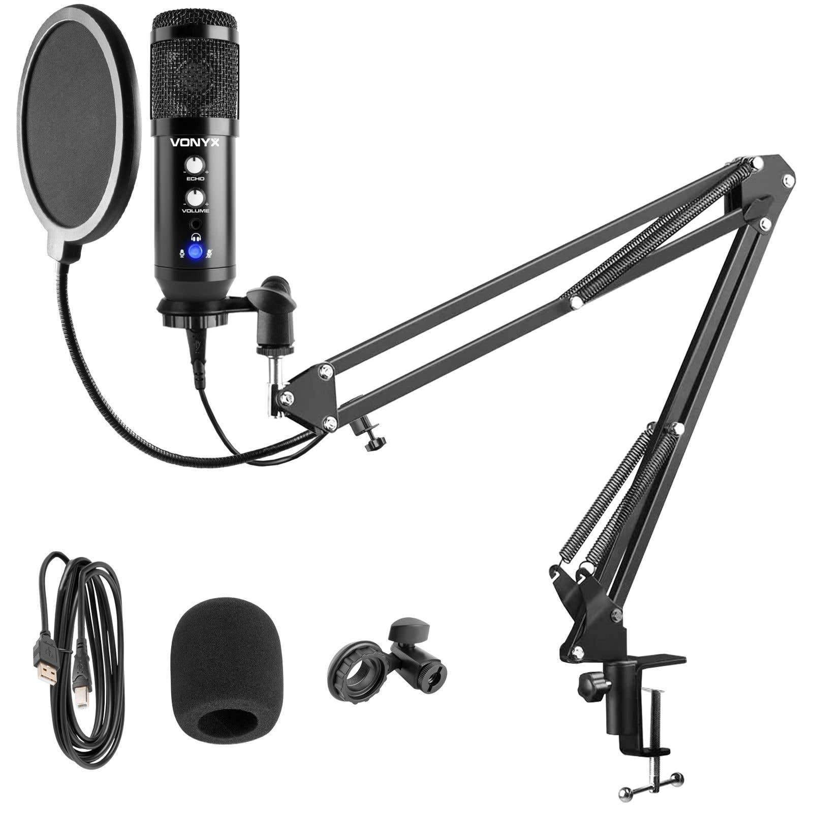 Vonyx  CMS320B Studio Mikrofon - USB - mit Mikrofonarm - Echo - Schwarz