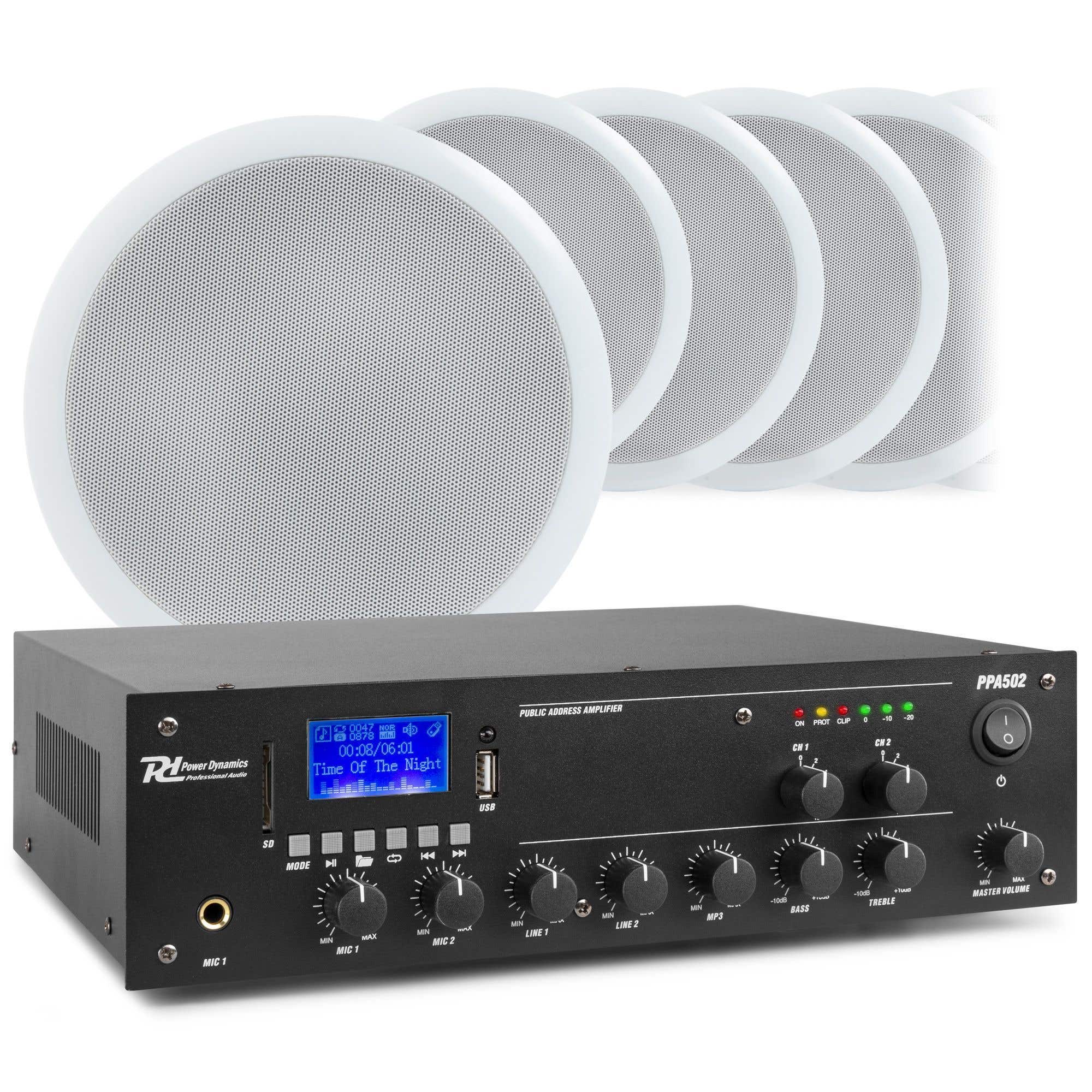 Power Dynamics 2-Zonen Soundanlage mit Bluetooth, PPA502 Verstärker und 10 Deckenlautsprechern