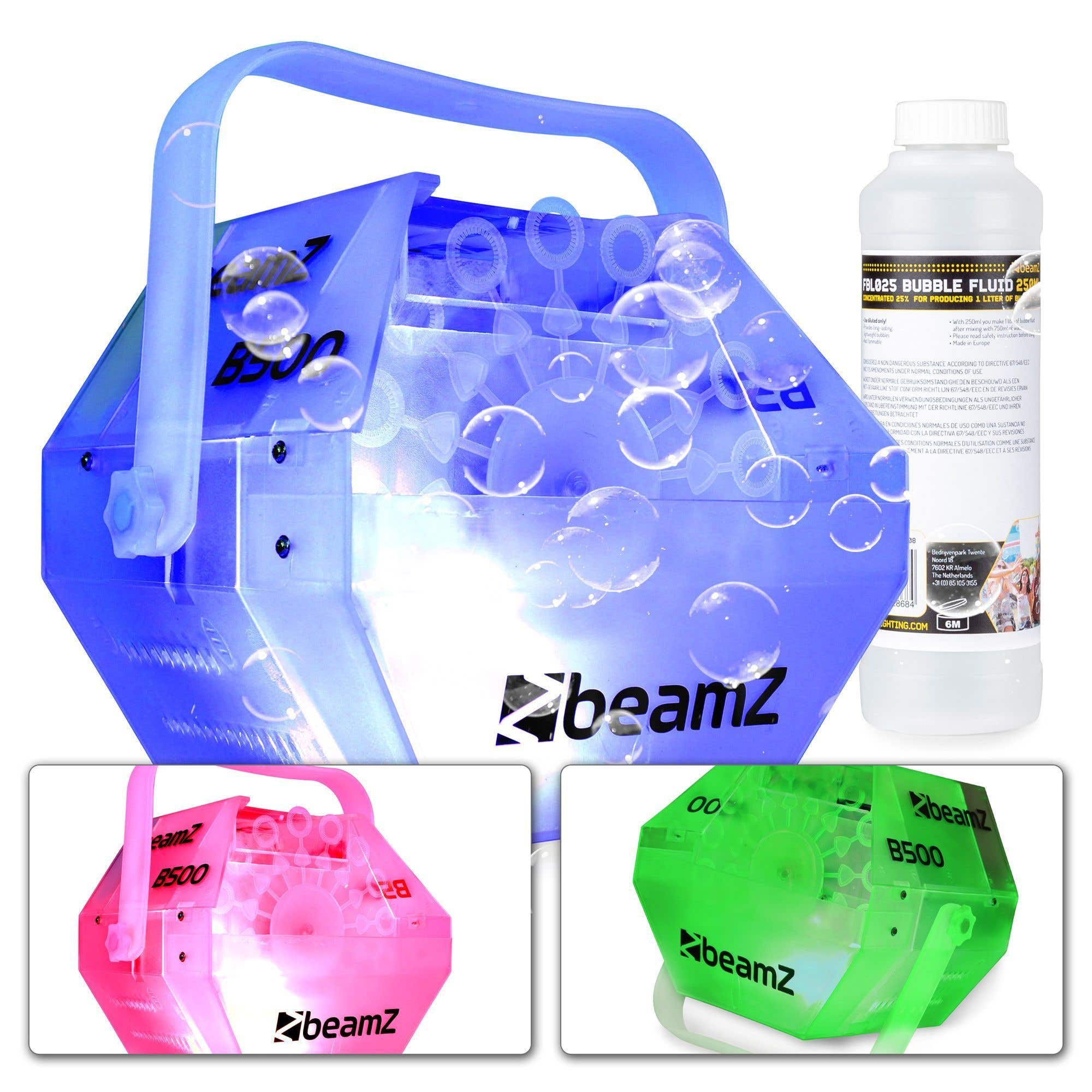 BeamZ B500LED Seifenblasenmaschine transparent mit LEDs + 250ml Seifenblasenkonzentrat (ergibt 1 L)