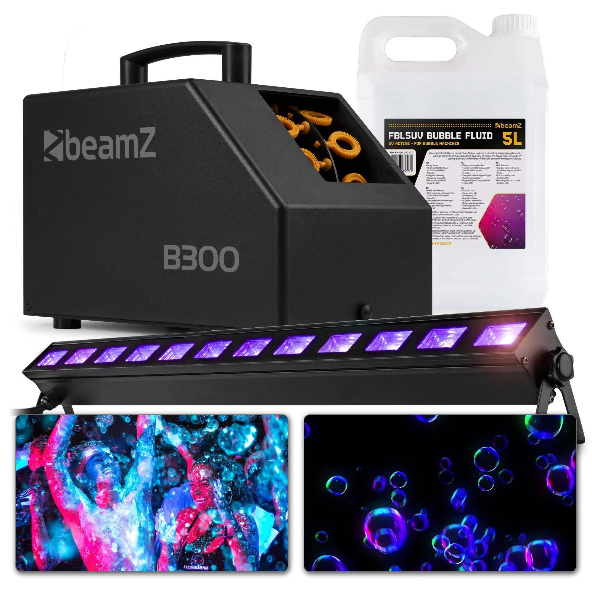BeamZ Neon Party Paket mit Schwarzlicht und Seifenblasenmaschine 