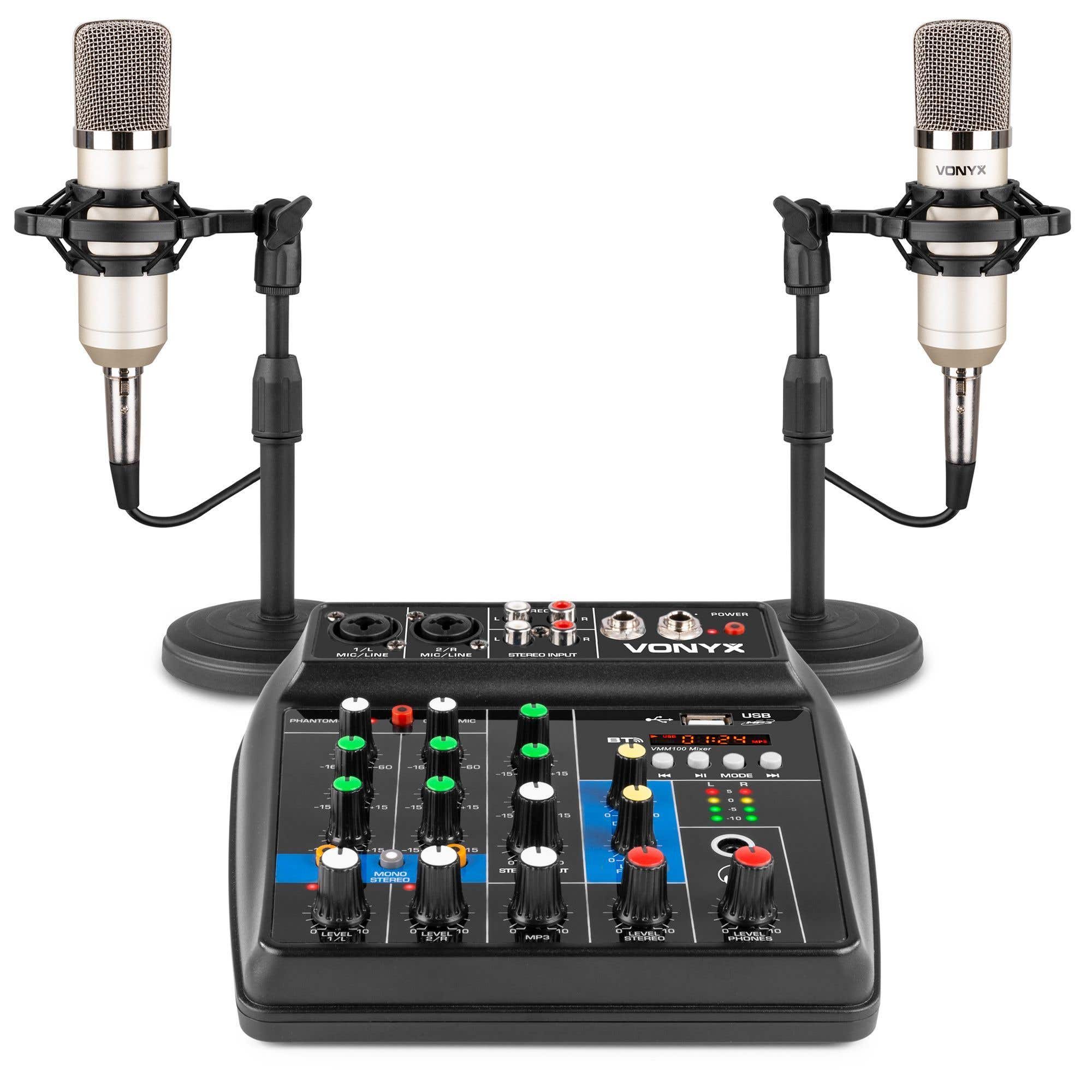 Vonyx VMM100 Podcast-Set – Audio-Mixer mit USB/BT und 2 Mikrofonen