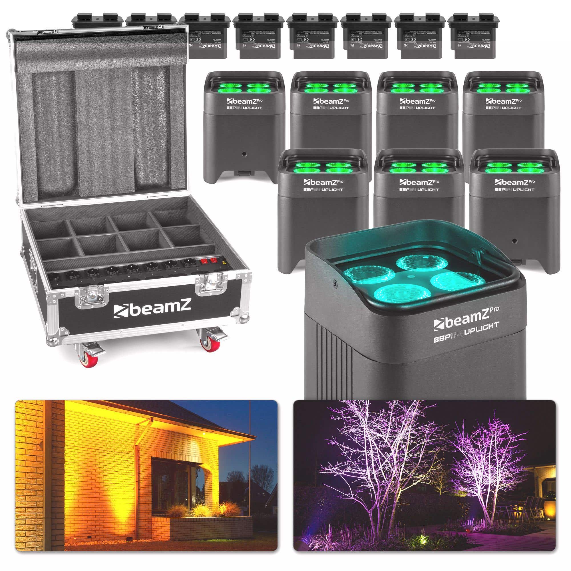 BeamZ BBP54 Uplight set - 8 Stk BBP54 Uplights, 8 x Ersatzakku inkl. Transportcase mit Ladefunktion
