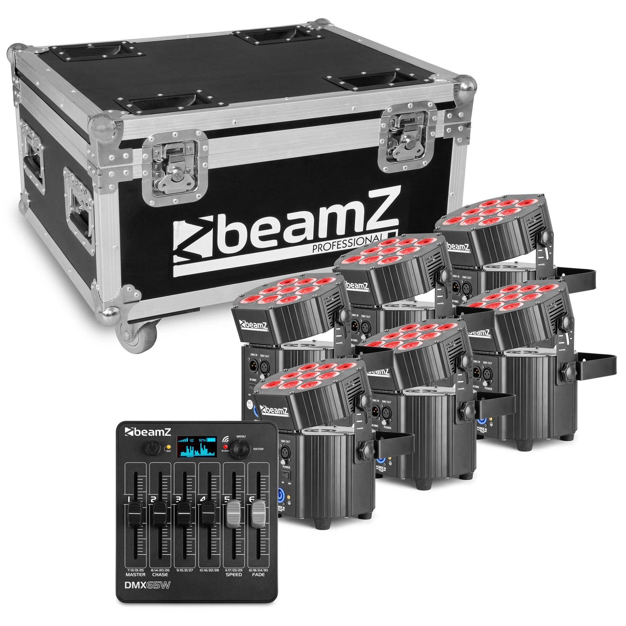 BeamZ BBP60  Akku Uplight 6er Set mit Flightcase  und einer drahtlosen DMX Console - Komplettset