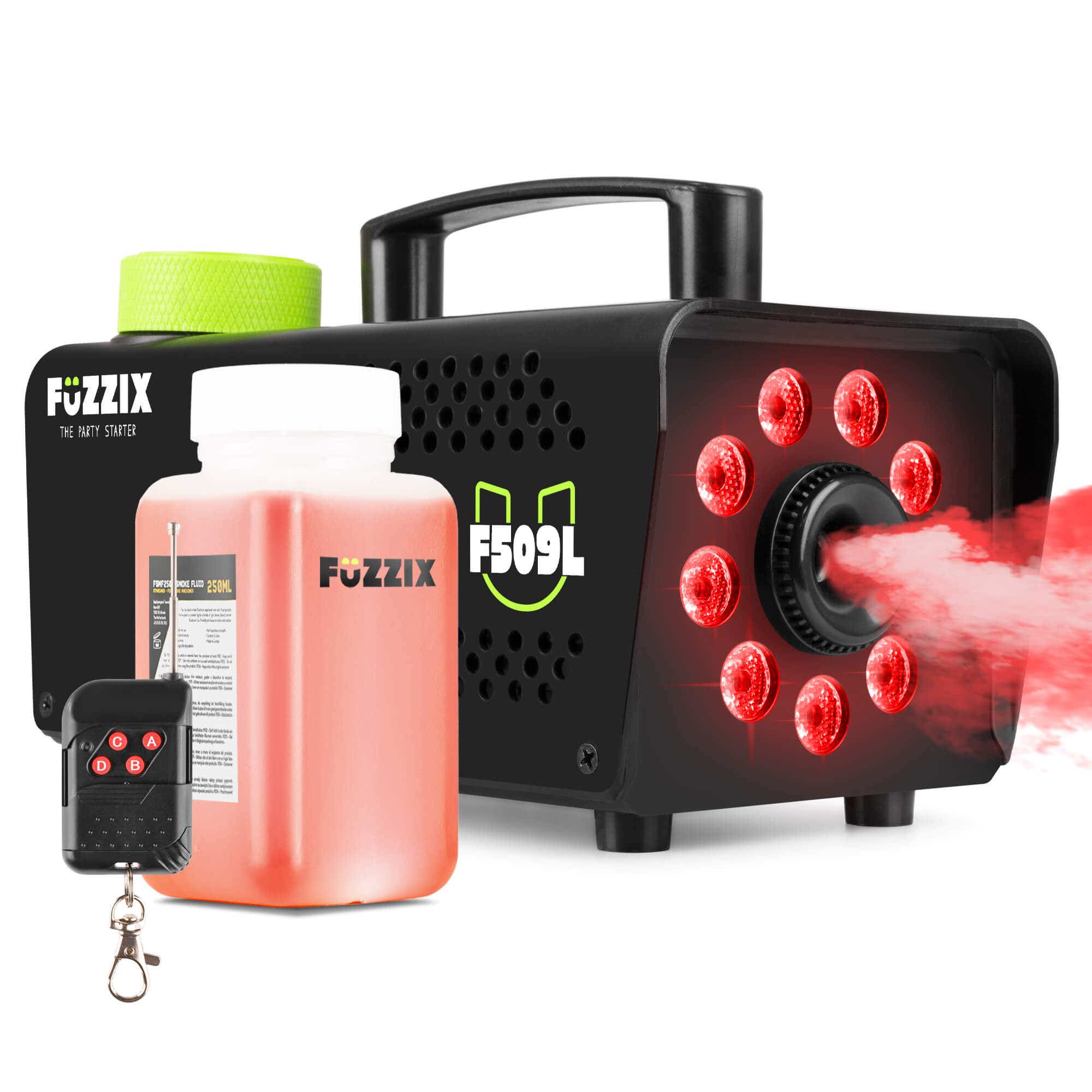Fuzzix F509L Party Nebelmaschine mit 9 RGB-LEDs & 250ml Nebelfluid – Schwarz
