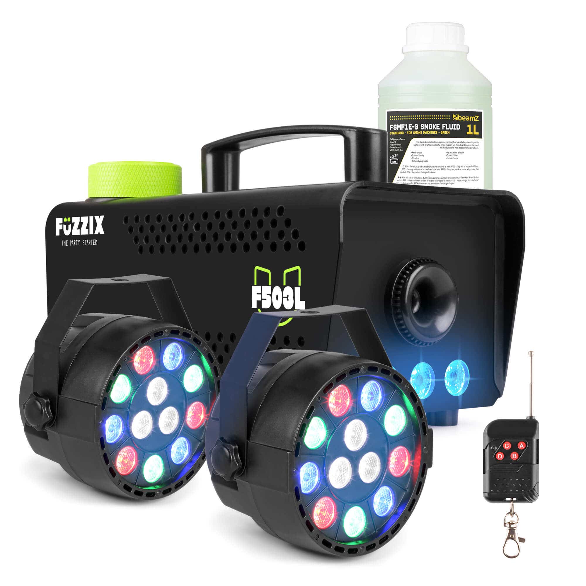 Fuzzix F503L Party Nebelmaschine mini Set - inkl. 1L Nebelfluid - 2x PAR LED Strahler