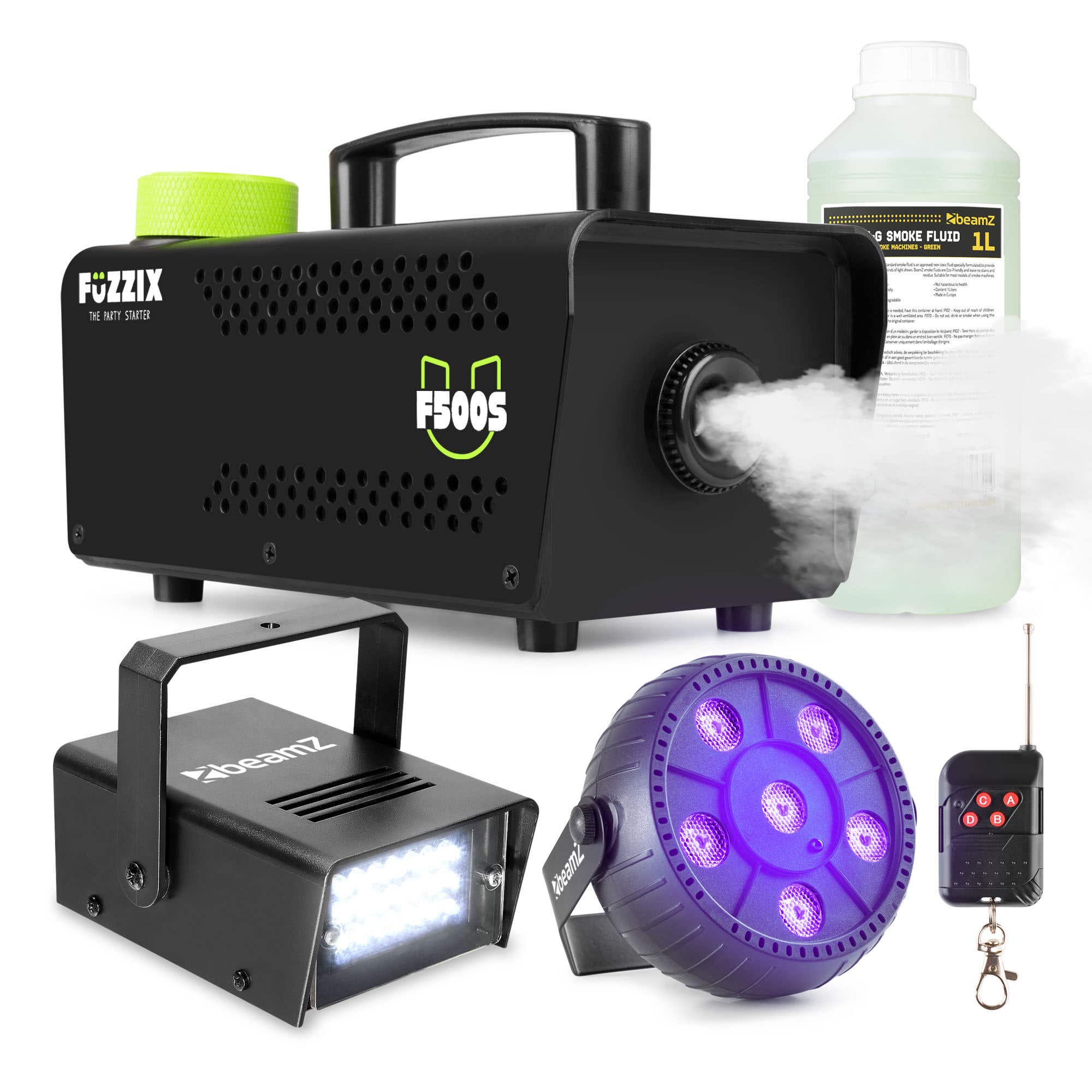Fuzzix F500S Nebelmaschine Partyset – 1L Nebelfluid, Stroboskop & Akku-Schwarzlicht