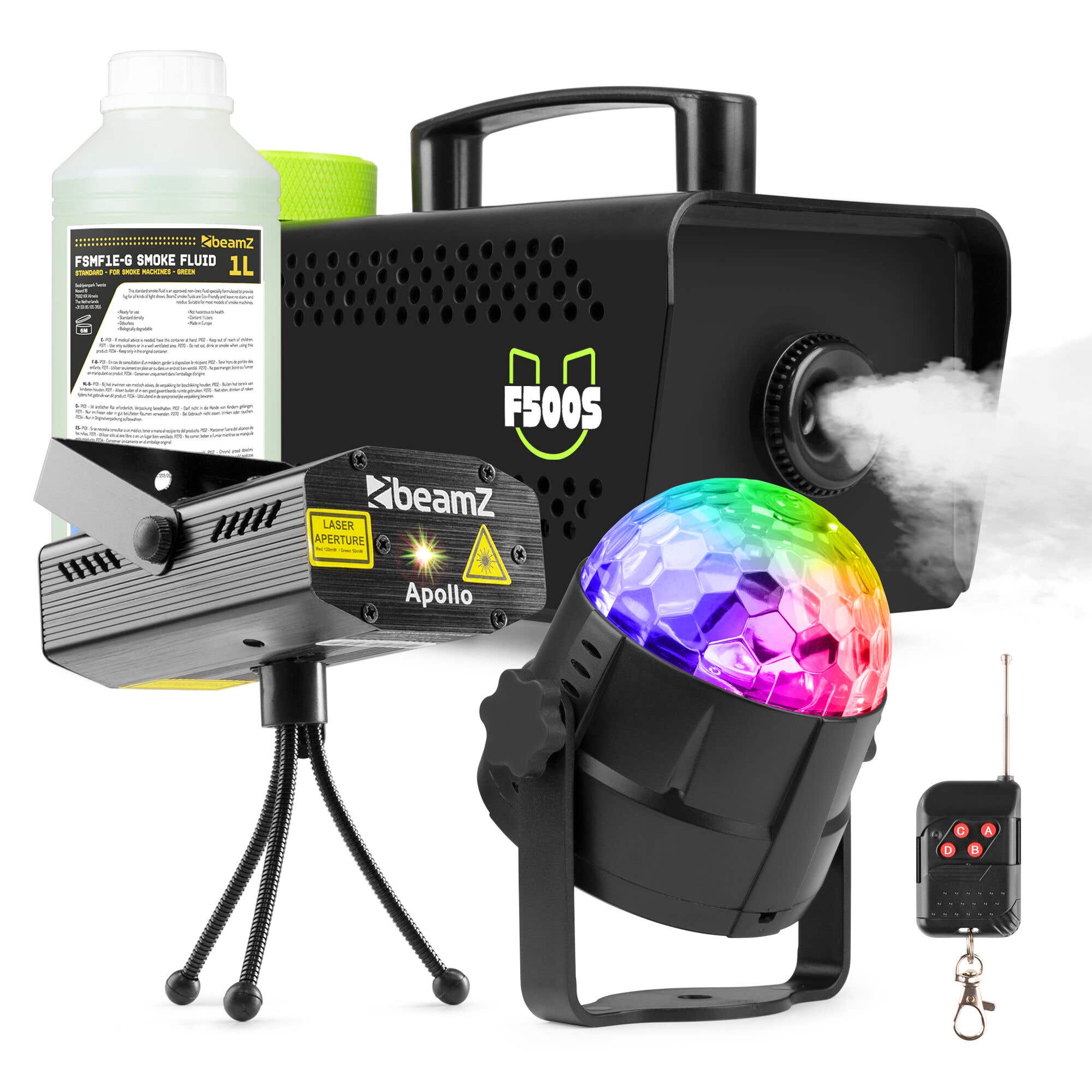 Fuzzix F500 LED Party Nebelmaschine - inkl. 1L Flüssigkeit, 1 LED Disco Ball, 1 Laser