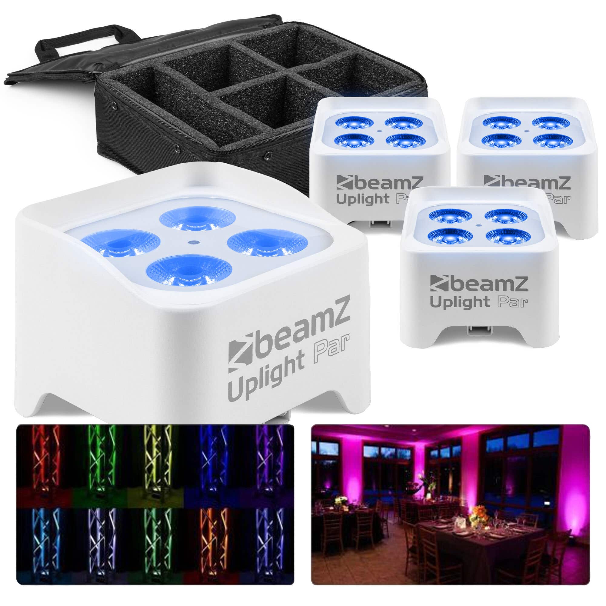 BeamZ BBP90W Akku LED Uplight 4er Bundle mit Tasche PAR Strahler White Edition 4x 4 Watt - Weiß