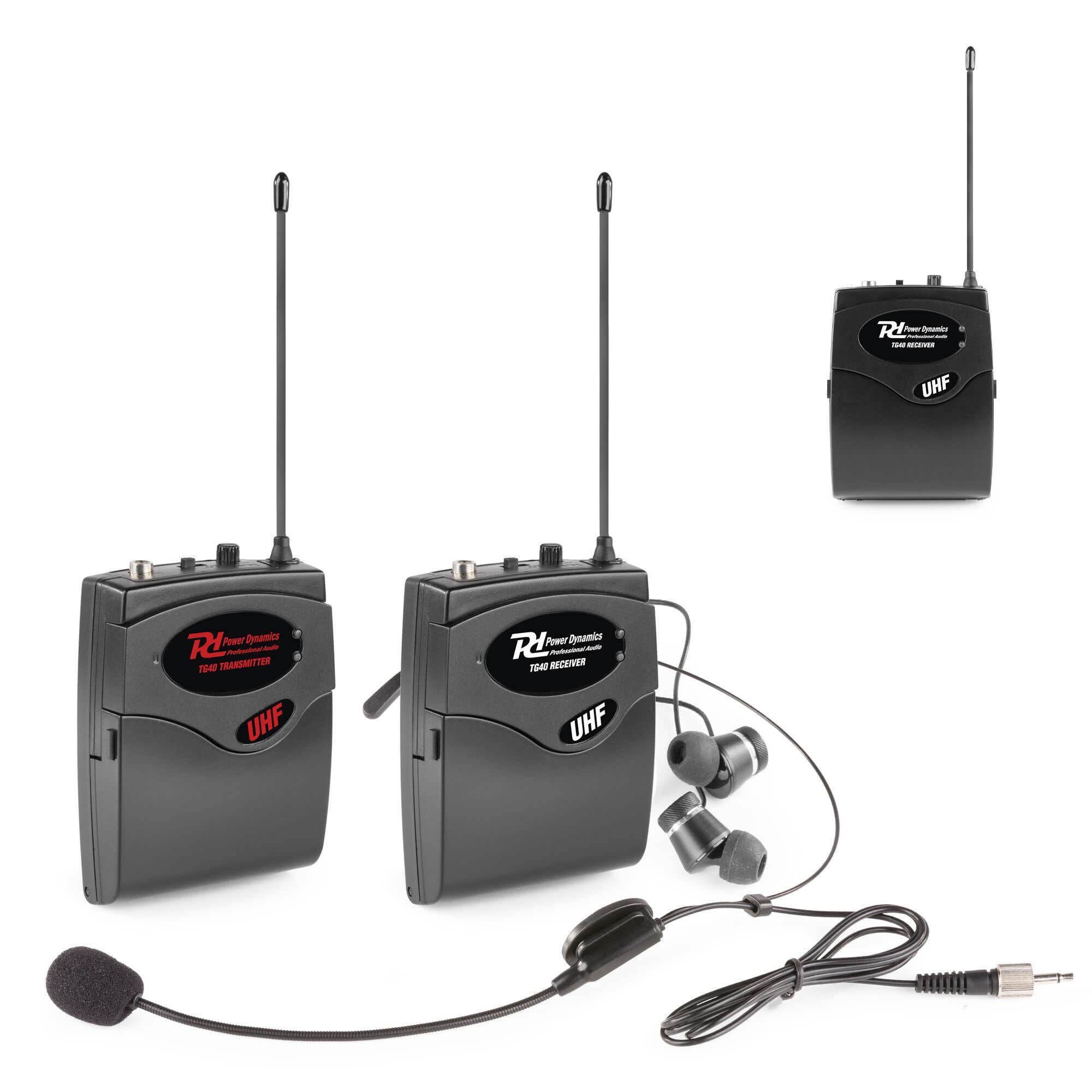 Power Dynamics TG40 - Drahtloses Tour Guide System, Reiseleiter Audio System, 1x Sender + 2x Empfänger, 50 Meter Reichweite, 10 Stunden Akku, In Ear Monitoring für Reittraining, Messe, Lagerhallen