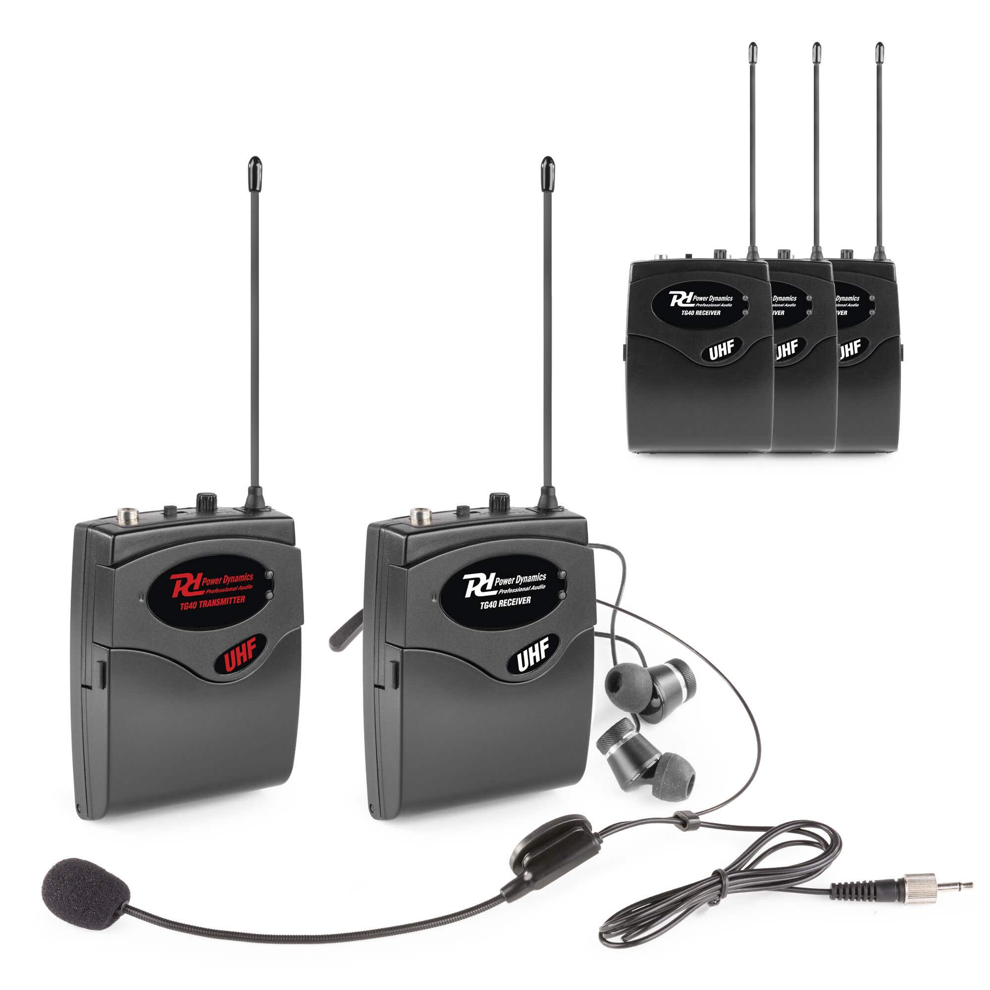 Power Dynamics TG40 - Drahtloses Tour Guide System 4er Set, Reiseleiter Audio System, 1x Sender + 4x Empfänger, 50 Meter Reichweite, In Ear Monitoring für Reittraining, Messe, Lagerhallen