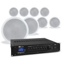 Power Dynamics Deckenlautsprecher-Set mit 8 weißen Einbaulautsprechern – 100 V Verstärker– mit Bluetooth