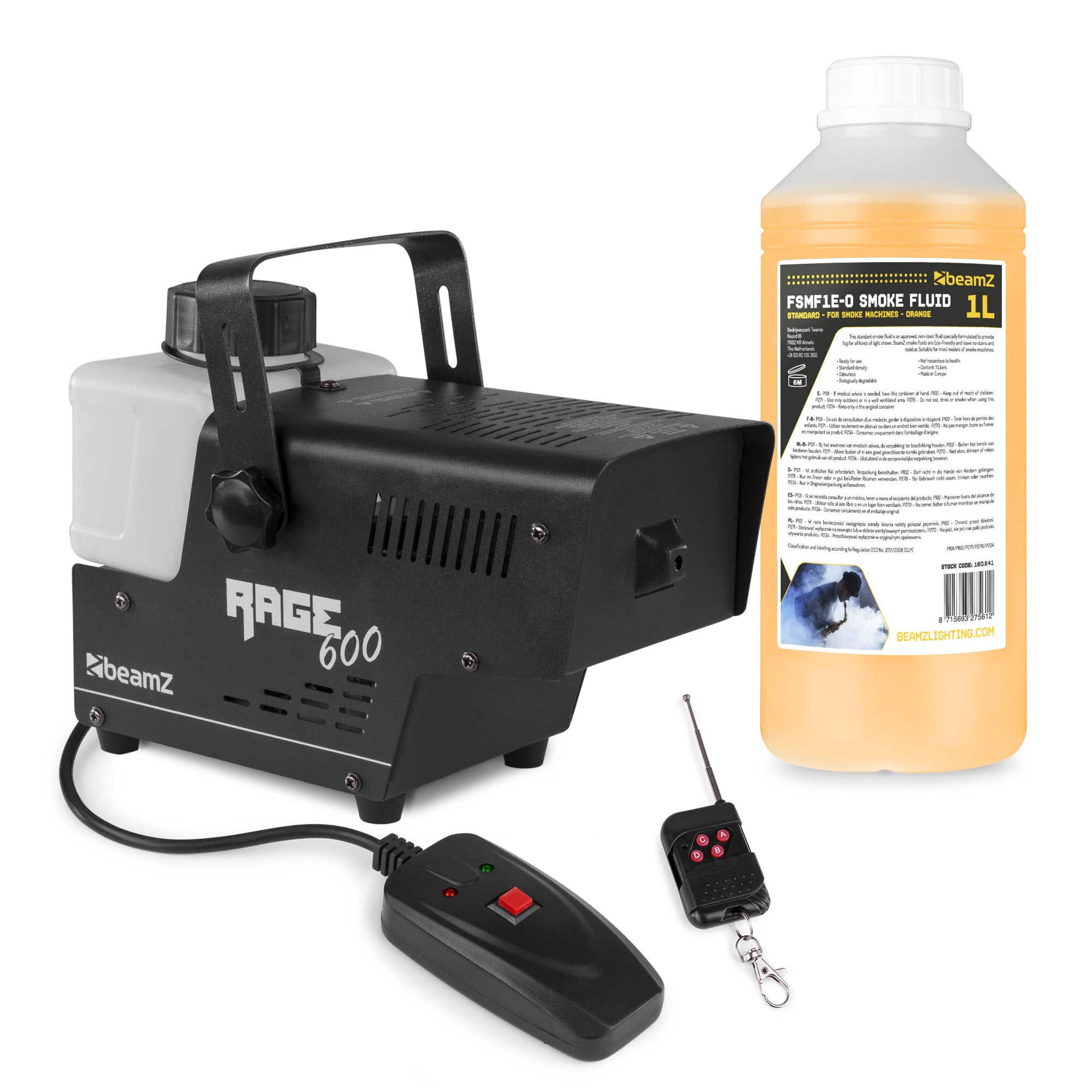 BeamZ RAGE600 Nebelmaschine mit 1 Liter Nebelflüssigkeit und kabelloser Fernbedienung – 600 W