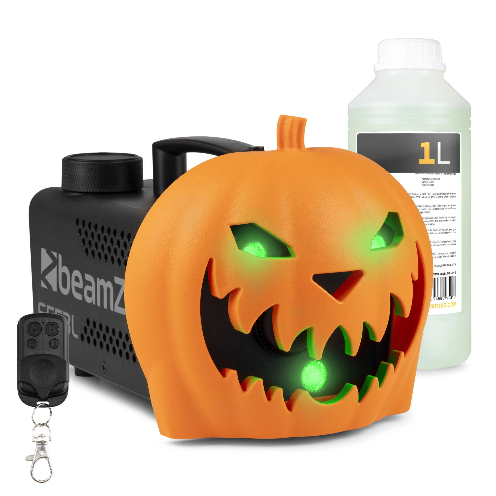 BeamZ Halloween Nebelmaschine mit Kürbiskopf und 1 Liter Nebelfluid