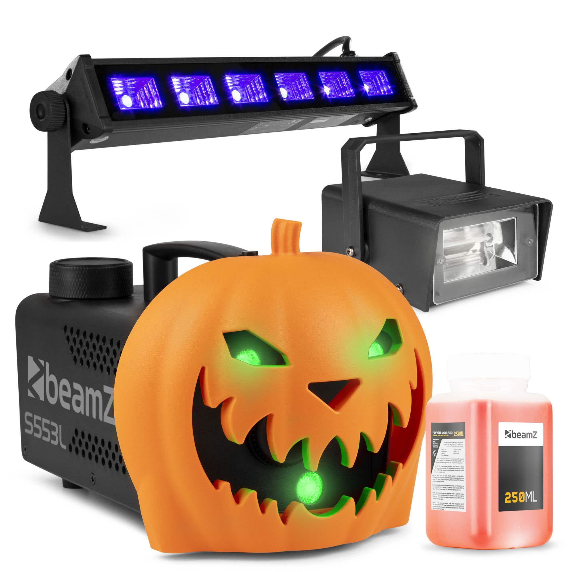 BeamZ Halloween Nebelmaschine Party Set - Mit aufsteckbarem Kürbiskopf - UV LED Balken, Stroboskop und Lichteffekte