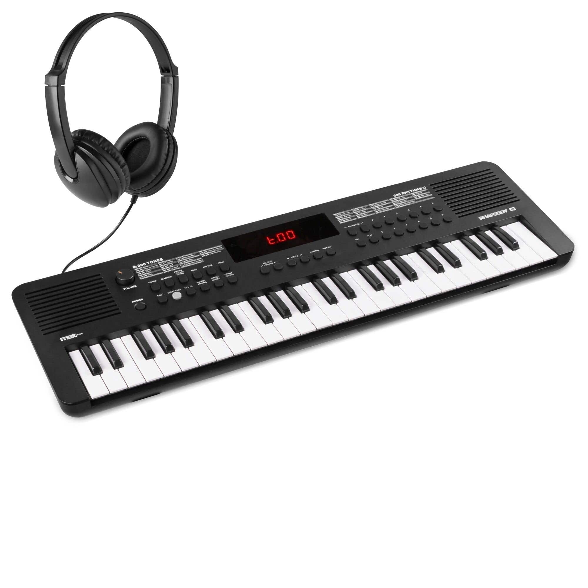 MAX Rhapsody49 Keyboard mit 49 Tasten und Kopfhörer - Ideal für Anfänger - Mit 300 Rhythmen - MIDI-Keyboard