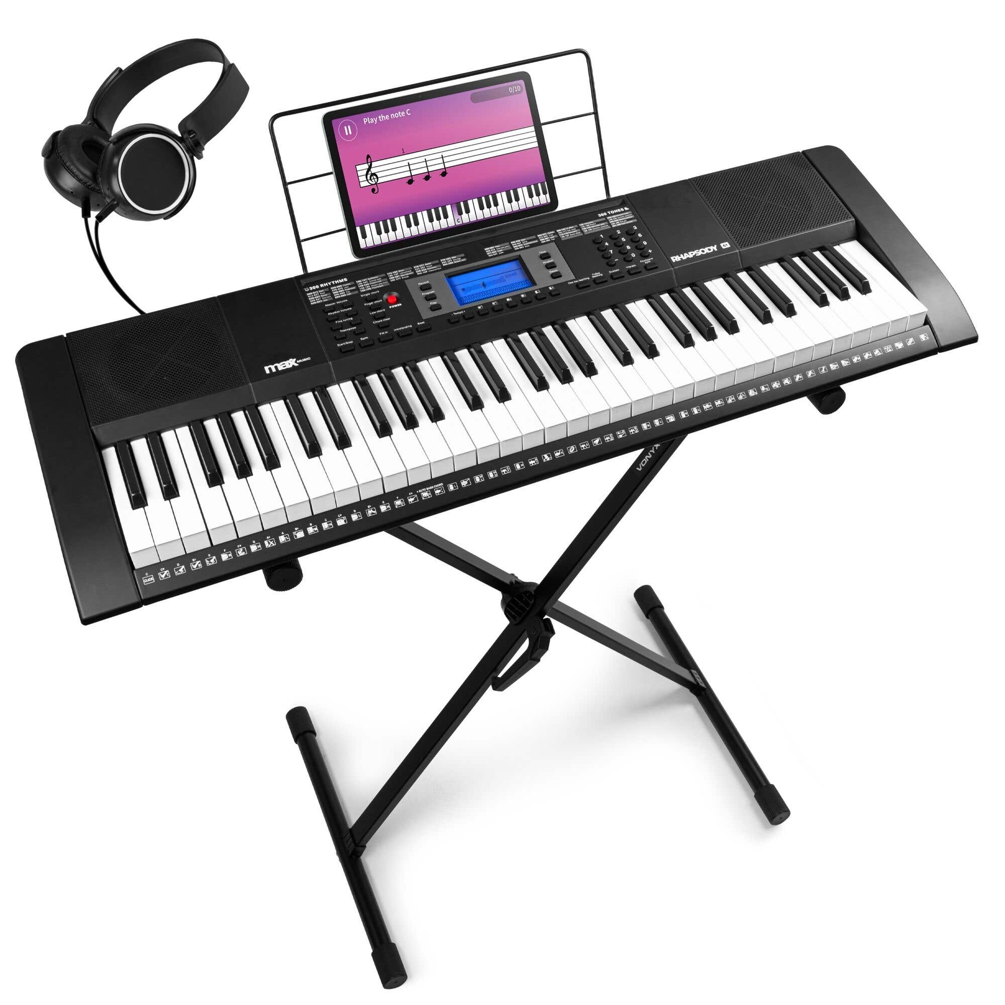 MAX Rhapsody61 Keyboard Piano mit 61 Tasten - Komplettes Keyboard Set mit Ständer und Kopfhörer