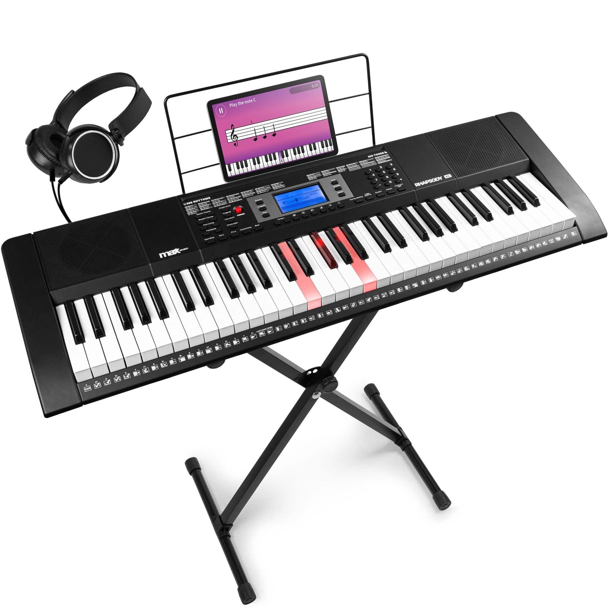 MAX Rhapsody61L Keyboard Set mit 61 beleuchteten Tasten - Komplettset mit Ständer und Kopfhörer
