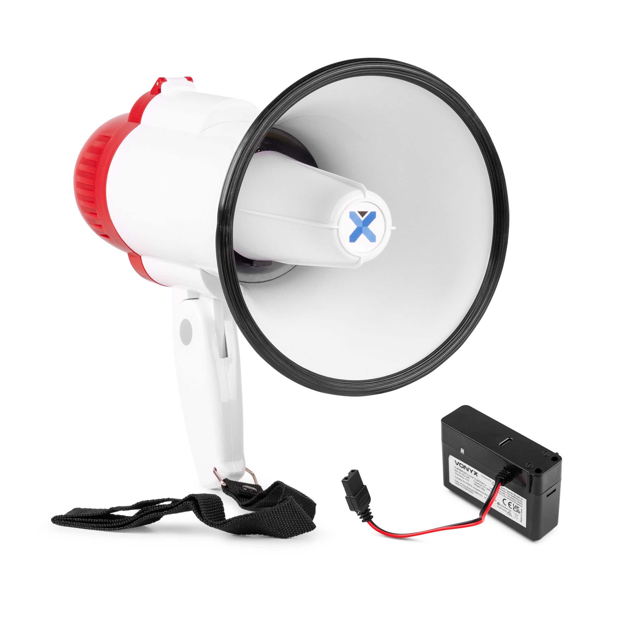 Vonyx MEG025 Megafon mit Akku – 25W Megaphon mit Sirene und Bluetooth – rot-weiß