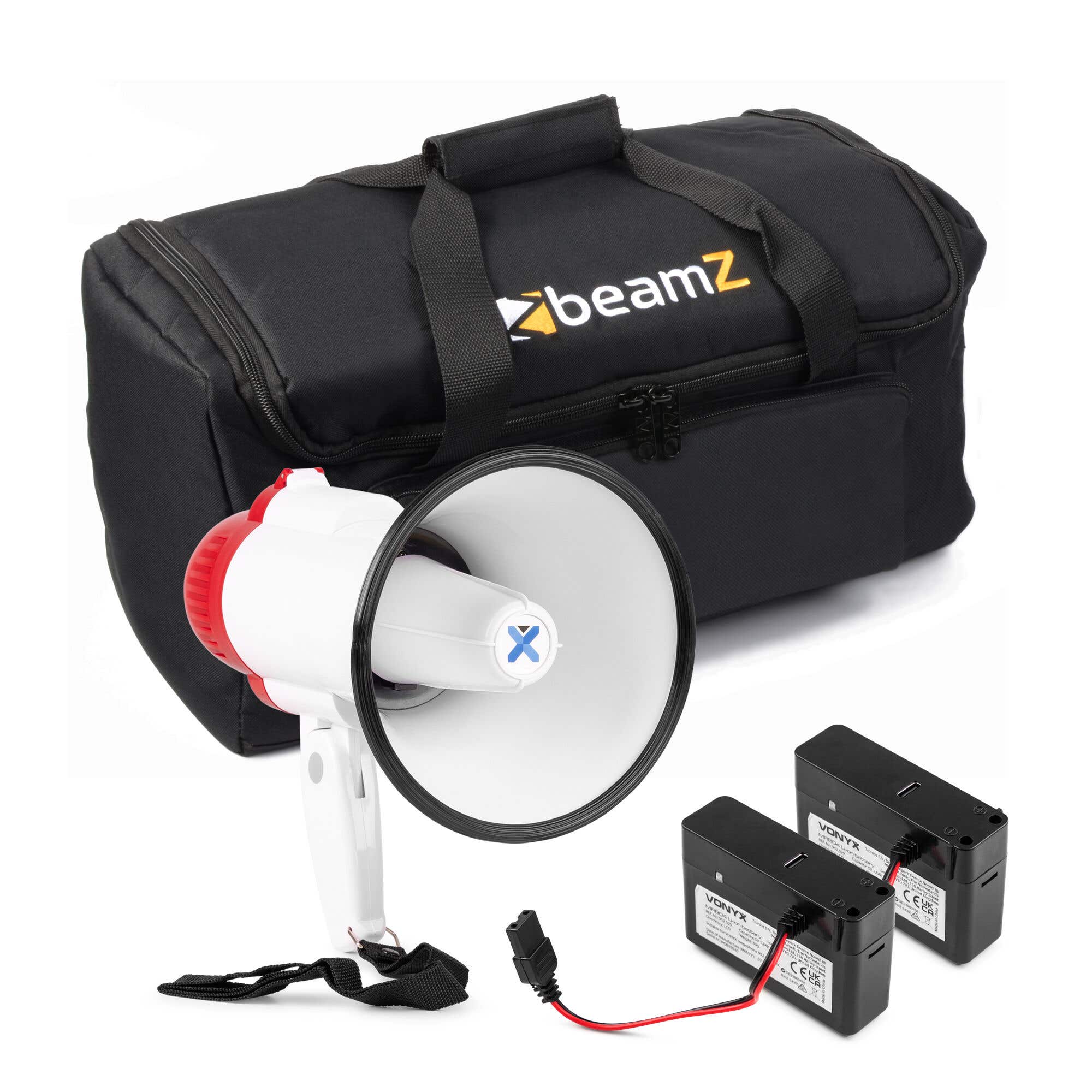 Vonyx MEG025 Megafon Komplettset mit Tasche und 2x Akkus, Megaphon - 25W - rot-weiß