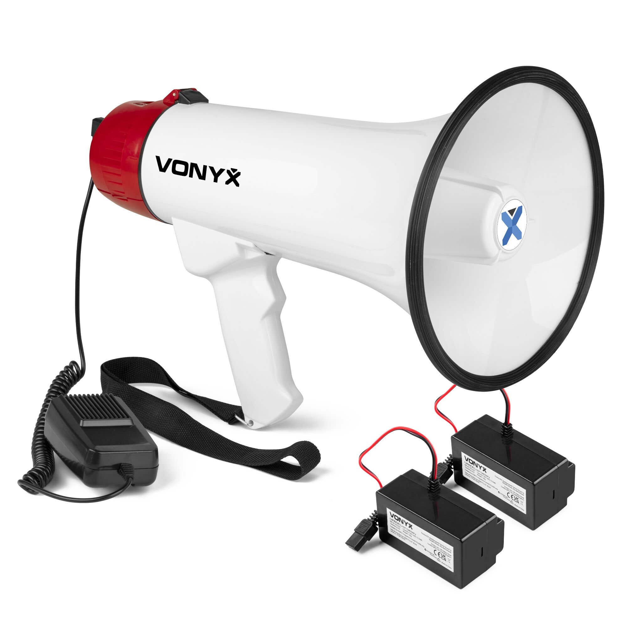 Vonyx MEG045 Megafon Komplettset mit 2x Akkus – 45W Megaphon mit Sirene und Bluetooth – Rot-Weiß