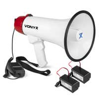 Vonyx MEG045 Megafon Komplettset mit 2x Akkus – 45W Megaphon mit Sirene und Bluetooth – Rot-Weiß