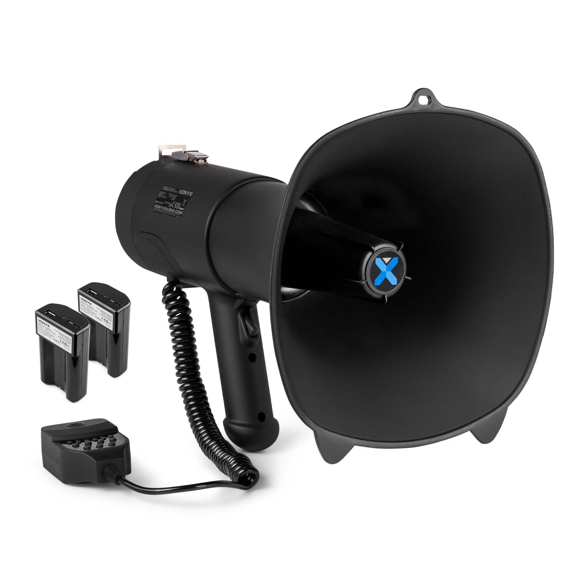 Vonyx MEG090 Megafon Kit mit 2x Lithium-Ionen-Akkus - 90W Megaphon mit Sirene und Bluetooth - Schwarz