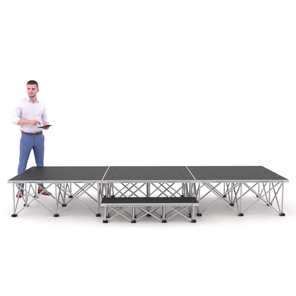 Power Dynamics Komplettbühne mit Stufe, klappbare Beinen und rutschfester Beschichtung – 300x100x40 cm
