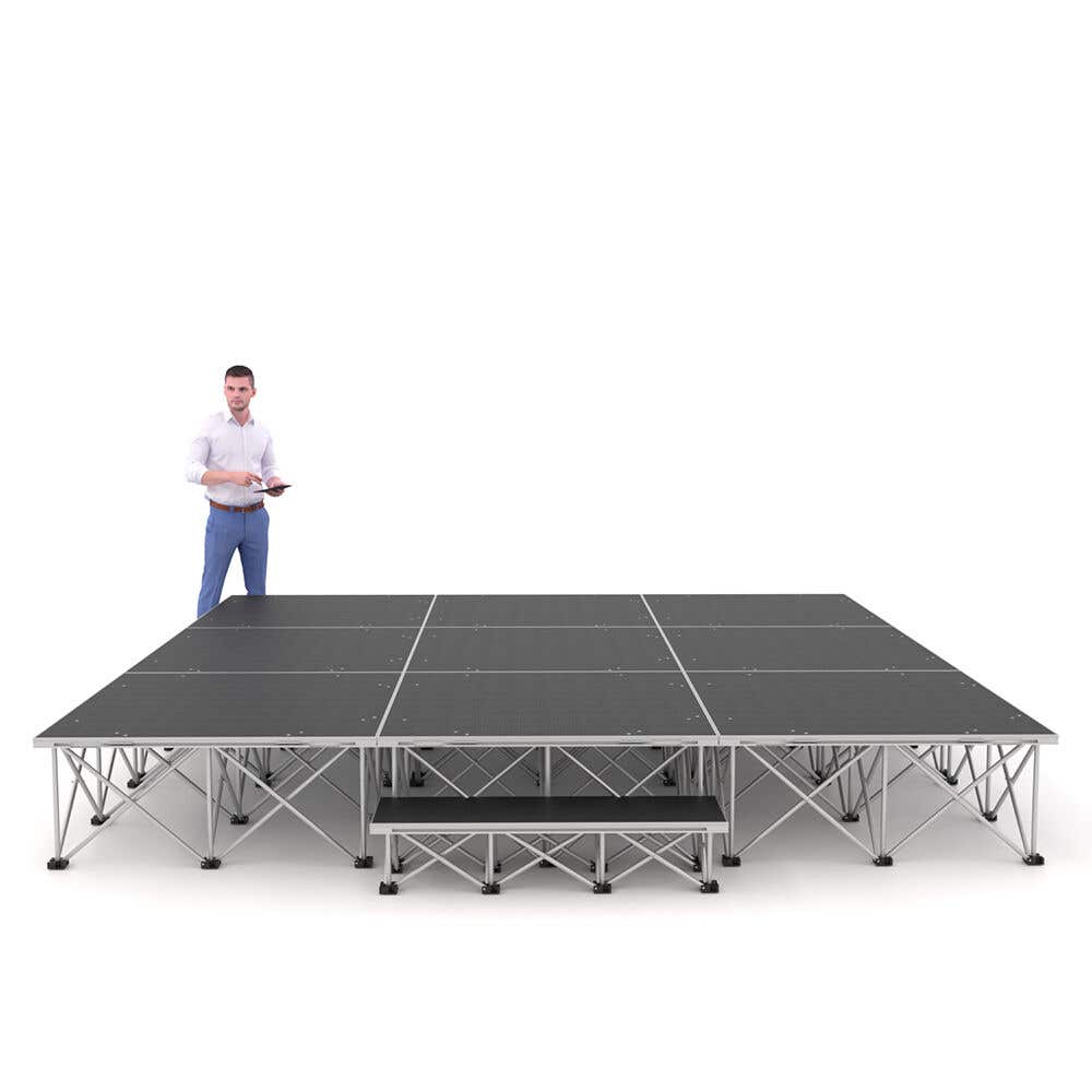 Power Dynamics Komplettbühne mit Stufe, klappbare Beinen und rutschfester Beschichtung – 300x300x40 cm
