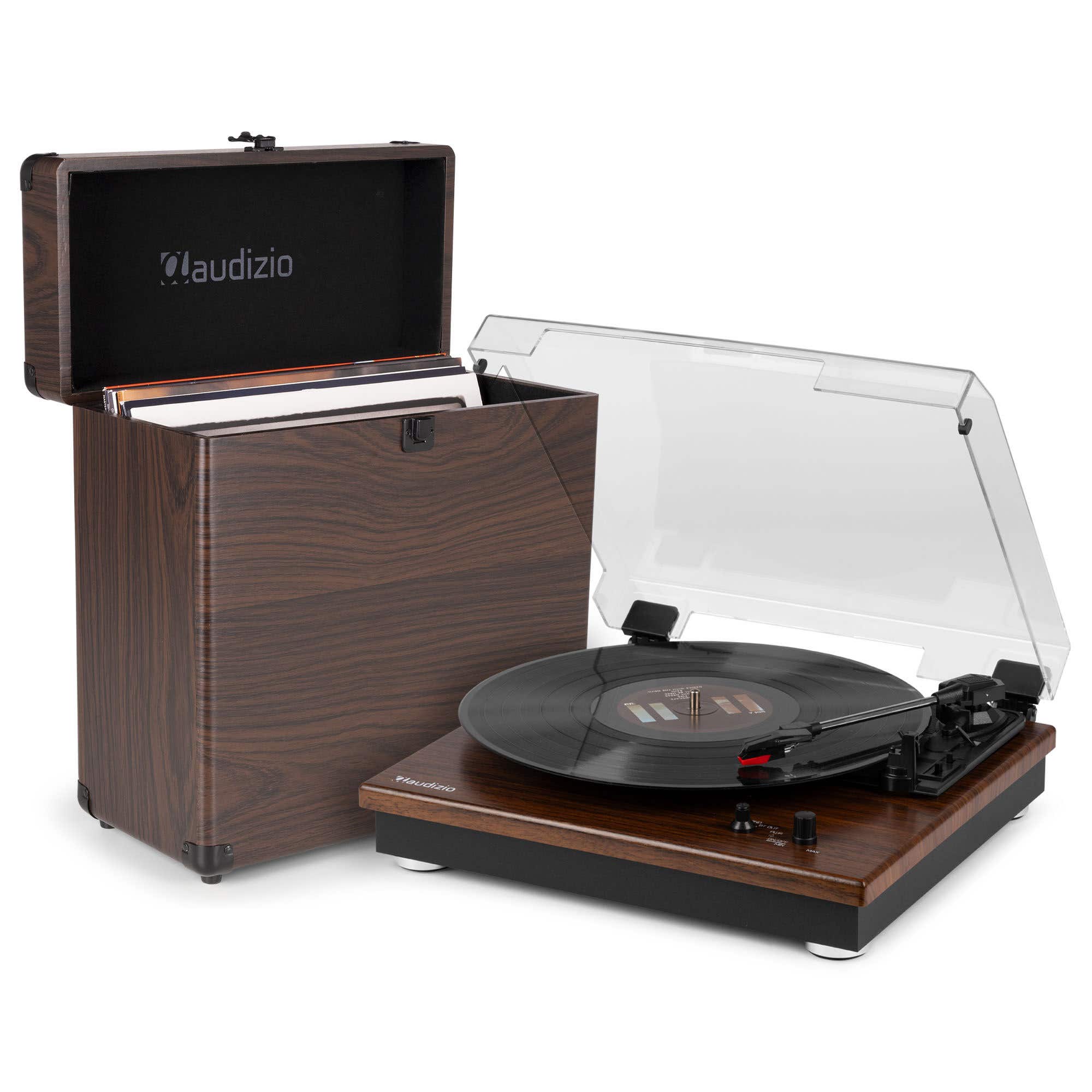 Audizio RP112D Plattenspieler mit Plattenkoffer - Bluetooth In/Out und Lautsprecher - Dunkelholz