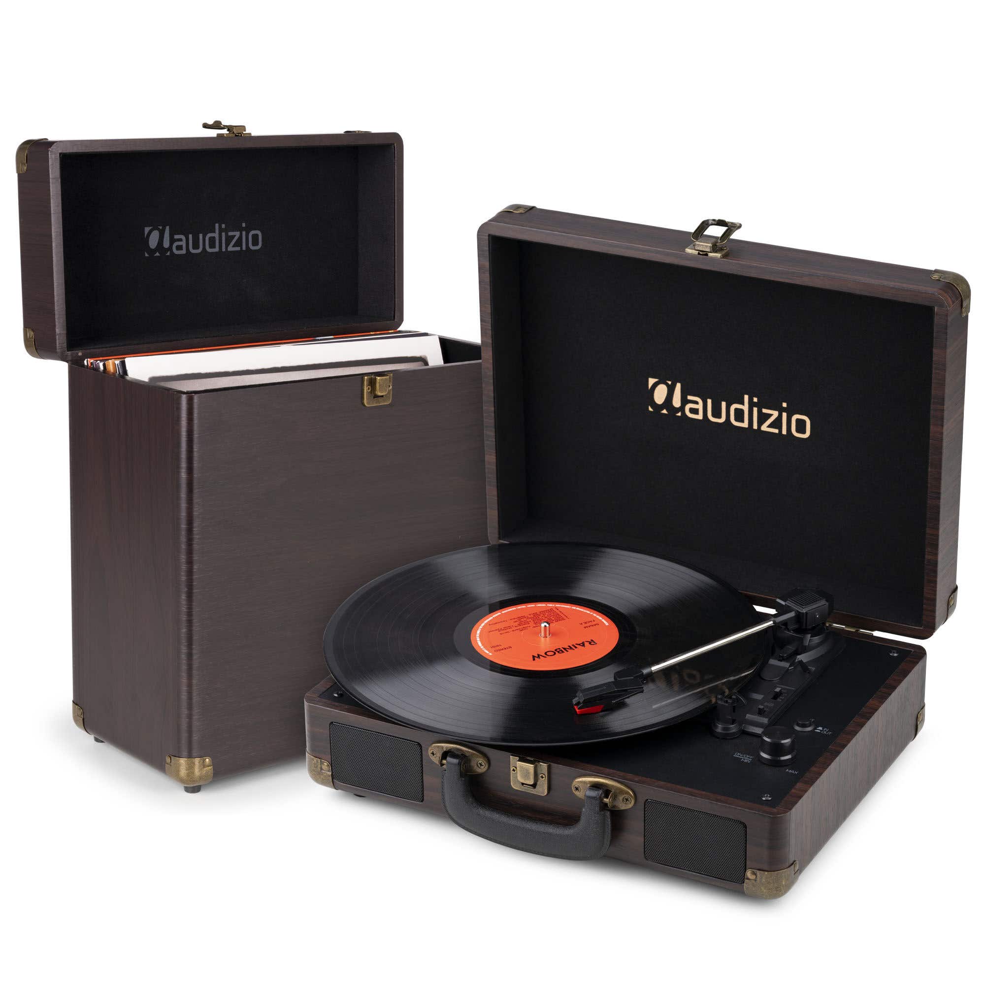 Audizio RP116DW Plattenspieler mit Plattenkoffer – Schallplattenspieler mit Lautsprechern – Bluetooth In/out – Dunkelbraun Holzoptik