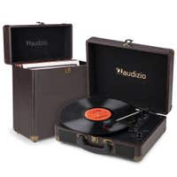 Audizio RP116DW Plattenspieler mit Plattenkoffer – Schallplattenspieler mit Lautsprechern – Bluetooth In/out – Dunkelbraun Holzoptik