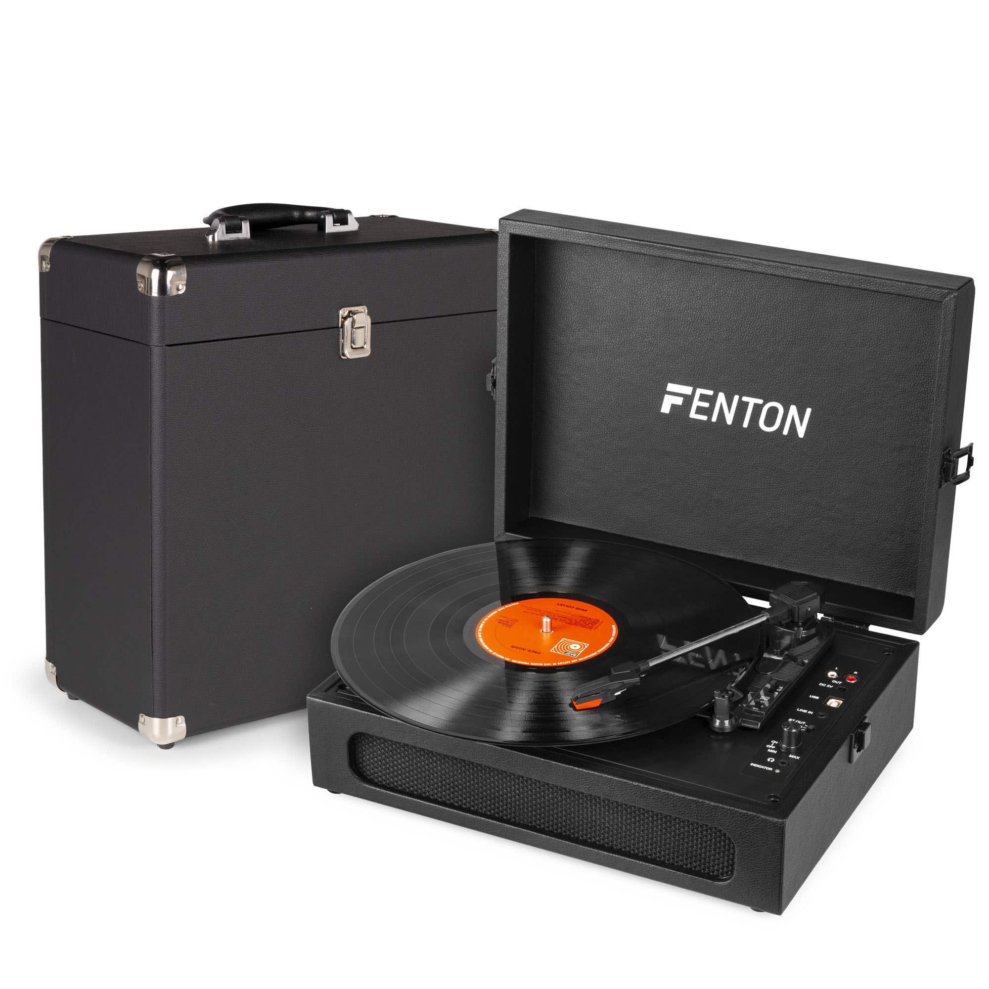 Fenton RP118B Plattenspieler mit Plattenkoffer - Eingebaute Lautsprecher, Bluetooth In/Out - Schwarz