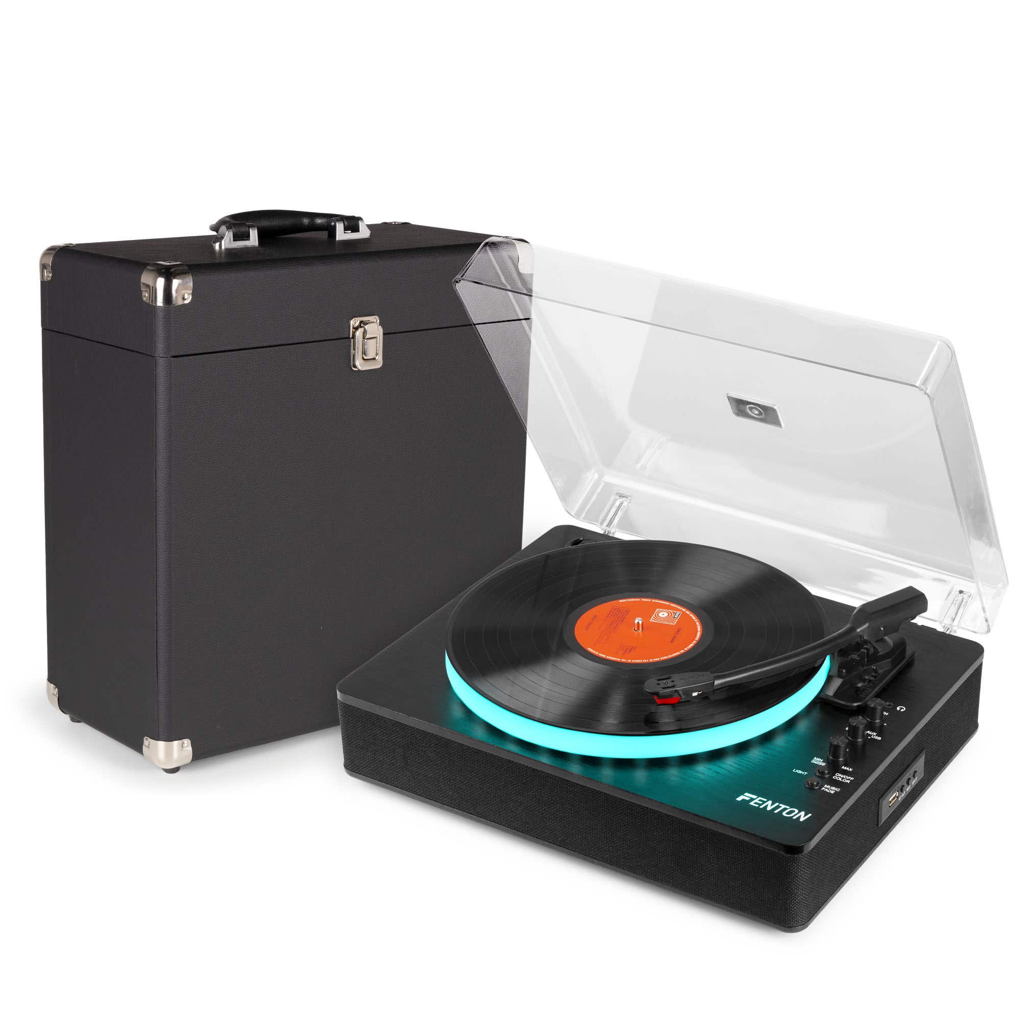 Fenton RP162LED Plattenspieler mit Plattenkoffer – Bluetooth In/Out, LED, Lautsprecher – Schwarz