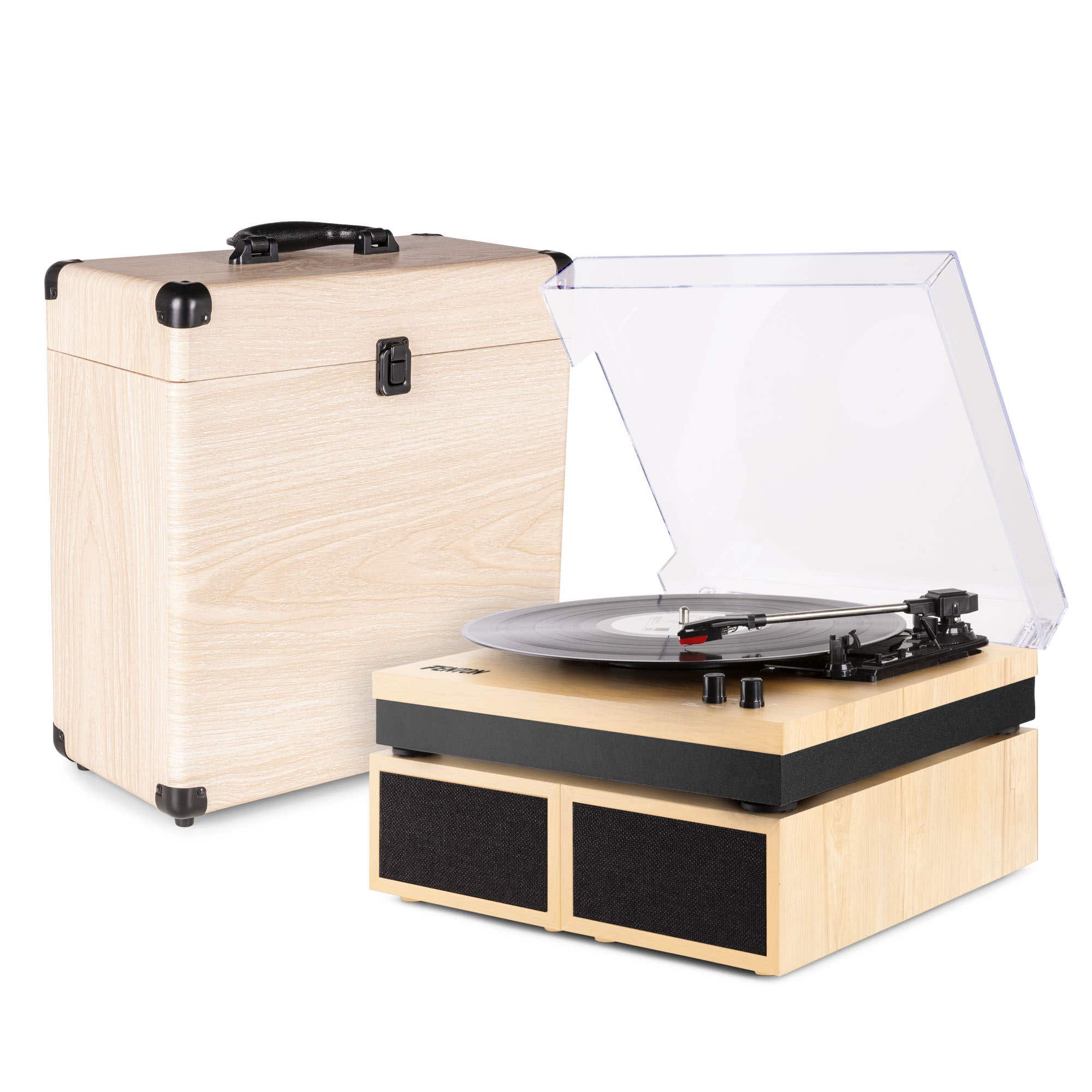 Fenton RP165L Plattenspieler Set mit Plattenkoffer – Inkl. Lautsprecher & Bluetooth – Holz Natur