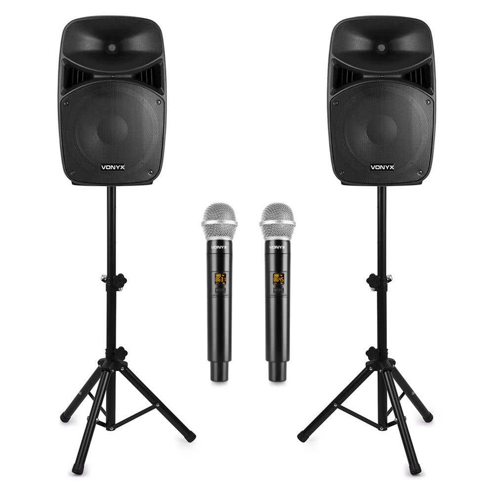 Vonyx VPS102A Partyboxen Bluetooth - PA Anlage mit 2 Funkmikrofonen & Ständer - Karaoke - 600W