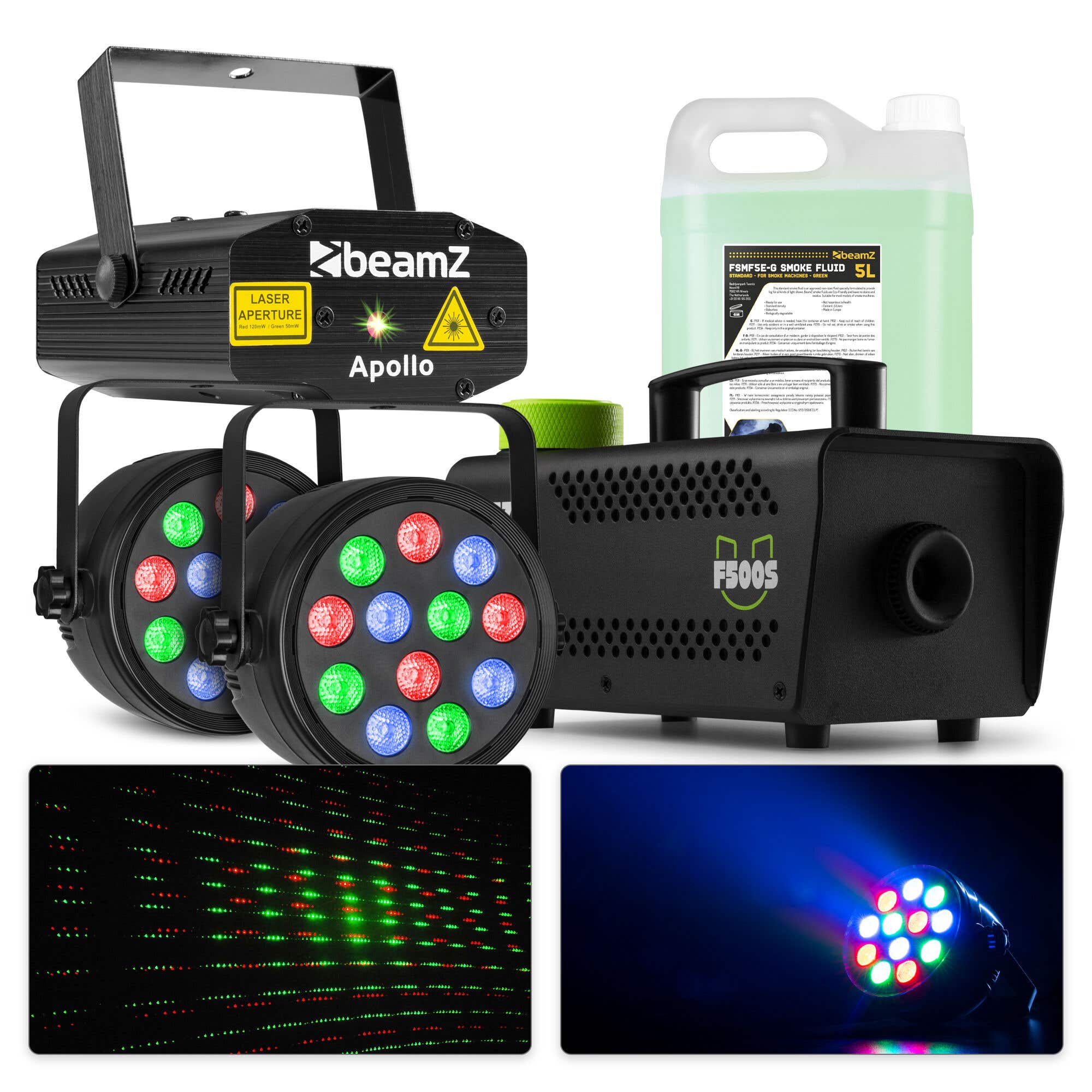 BeamZ Licht-Set mit Laser, PAR-Scheinwerfern und 500W Nebelmaschine mit 5 Litern Nebelflüssigkeit