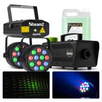 BeamZ Licht-Set mit Laser, PAR-Scheinwerfern und 500W Nebelmaschine mit 5 Litern Nebelflüssigkeit
