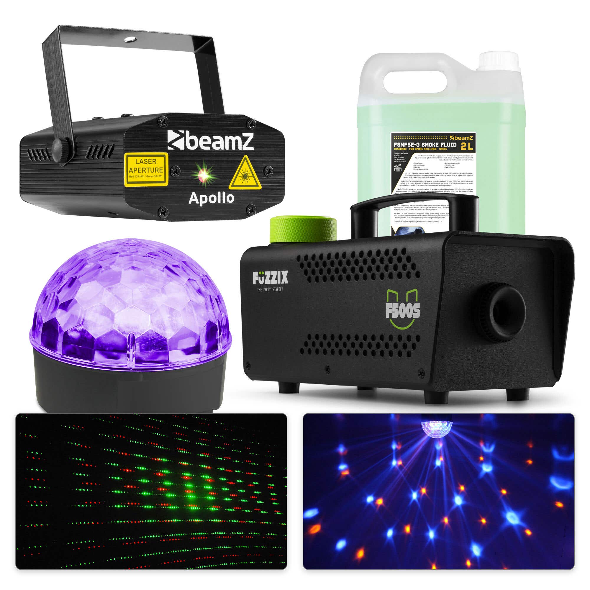 BeamZ Party Licht- & Laser-Set mit Jelly Ball, Nebelmaschine, Laser und 2L Fluid