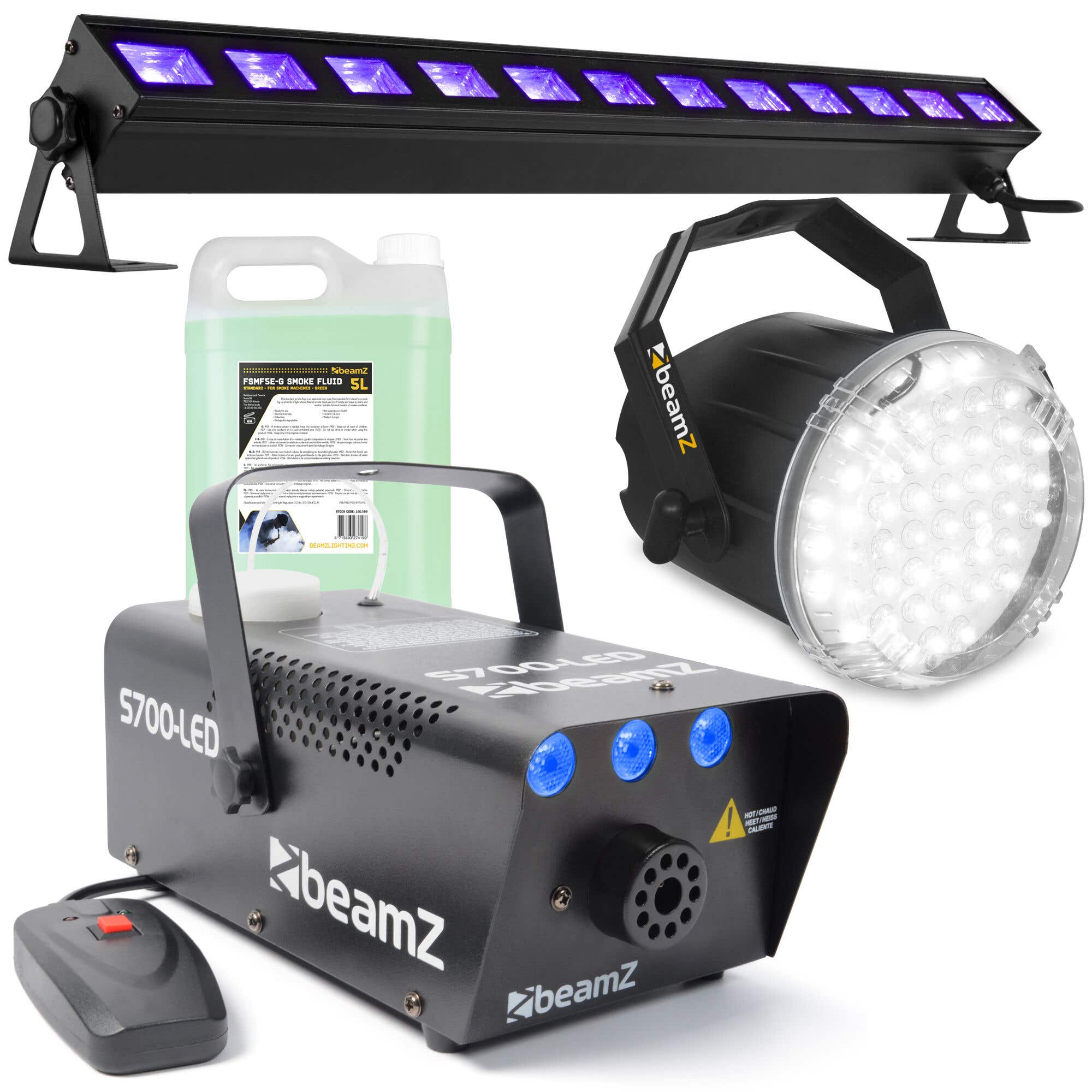 BeamZ Halloween Lichtset mit Eis-Effekt Nebelmaschine, UV Blacklight Bar & LED-Stroboskop – inkl. 5L Fluid 