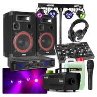 MAX DJ Anfänger Komplett Set - 500W DJ Boxen mit Verstärker, DJ Mixer mit MIC, Lichtanlage und Nebelmaschine