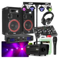 MAX DJ Anfänger Komplett Set - 700W DJ Boxen mit Verstärker, DJ Mixer mit MIC, Lichtanlage und Nebelmaschine