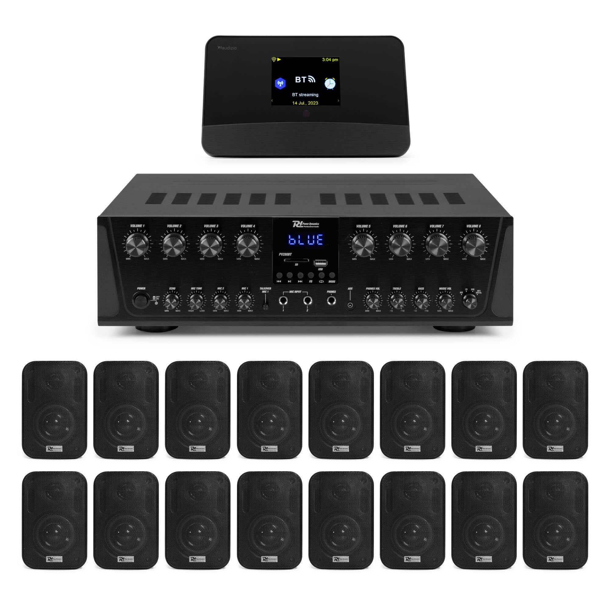 Power Dynamics Multiroom-Soundsystem – Mit 8-Zonen-Verstärker, 16 Lautsprechern & DAB-Tuner – 800 W