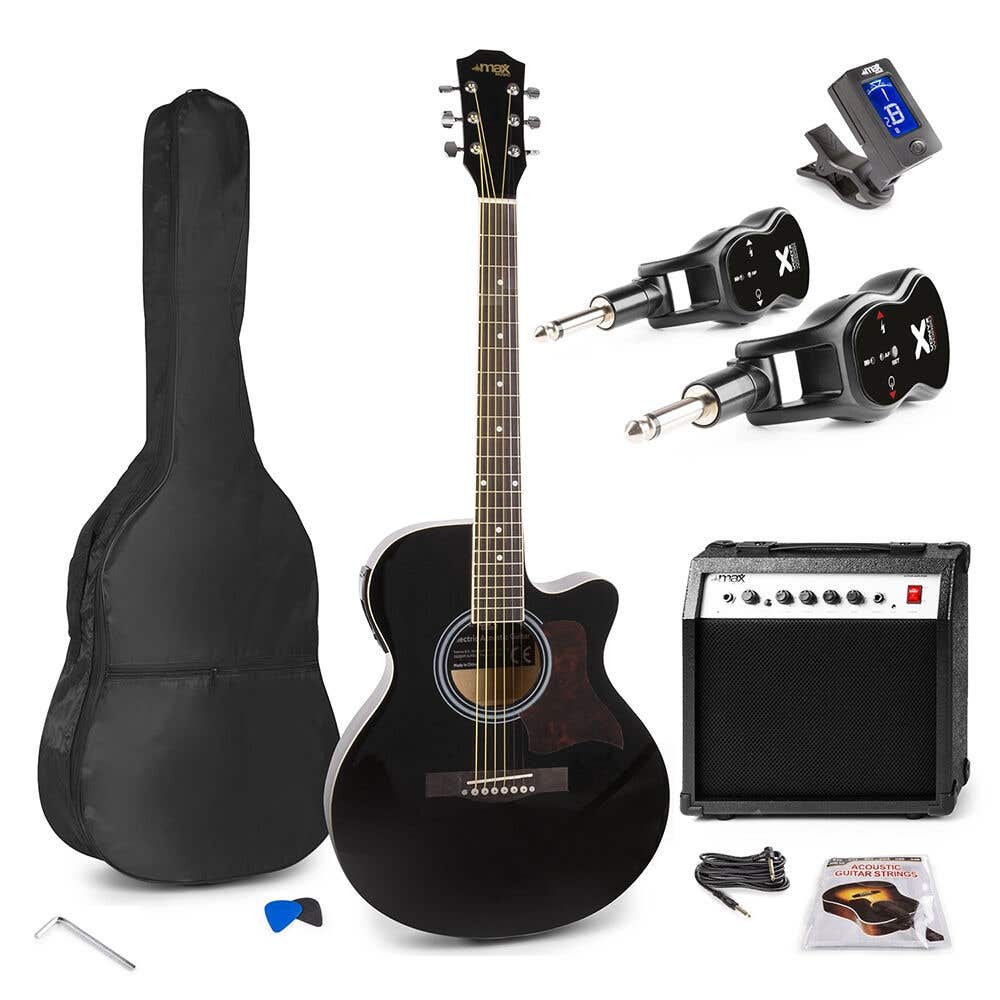 MAX Showkit kabelloses E-Akustikgitarren-Set - Mit Sender, Empfänger und Zubehör - Schwarz