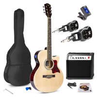 MAX Showkit kabelloses elektrisches Akustikgitarren-Set – Mit Sender, Empfänger und Zubehör – Holz